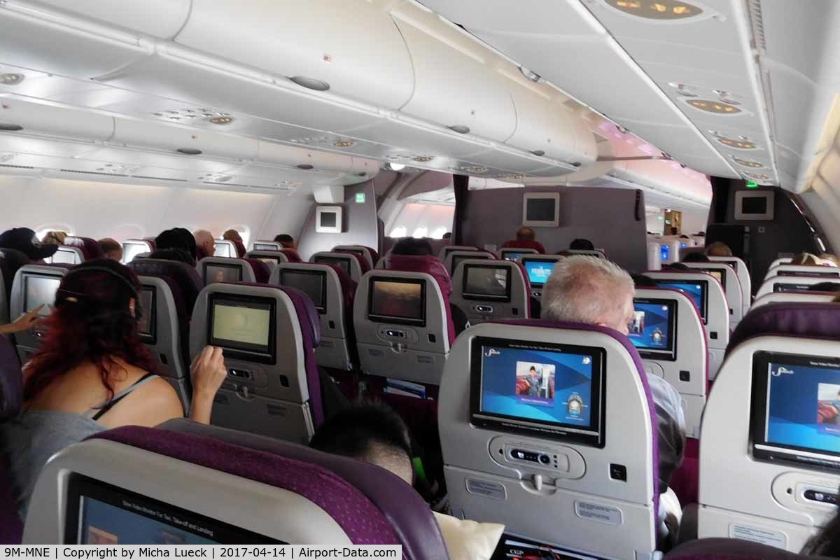 9M-MNE, 2012 Airbus A380-841 C/N 094, The small Y cabin at the rear of the upper deck. Generous seat pitch and storage at the window meant that this is among the most comfortable seats in Y I have been on (KUL-LHR).