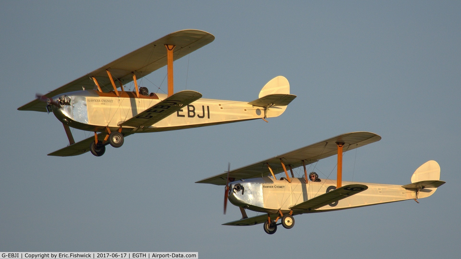 G-EBJI, 1977 Hawker Cygnet Replica C/N PFA 077-10240, el. A pair of Hawker Cygnets in formation display mode at the epic Evening Airshow, The Shuttleworth Collection, June, 2017