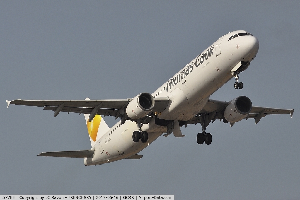 LY-VEE, 1996 Airbus A321-211 C/N 827, Thomas Cook Airlines / AvionExpress DE1451  take off to Stuttgart (STR)