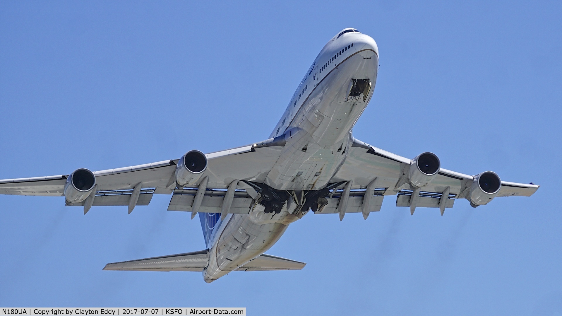 N180UA, 1991 Boeing 747-422 C/N 25224, Departing runway 28R at SFO. 2017.