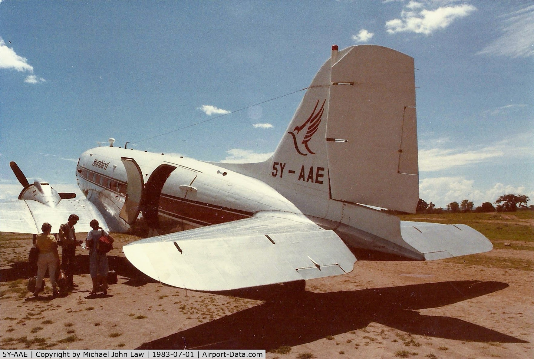 5Y-AAE, 1945 Douglas DC-3 (C-47B-25-DK) C/N 32844, After flight from Wilson Airport to Masai Mara in about 1983