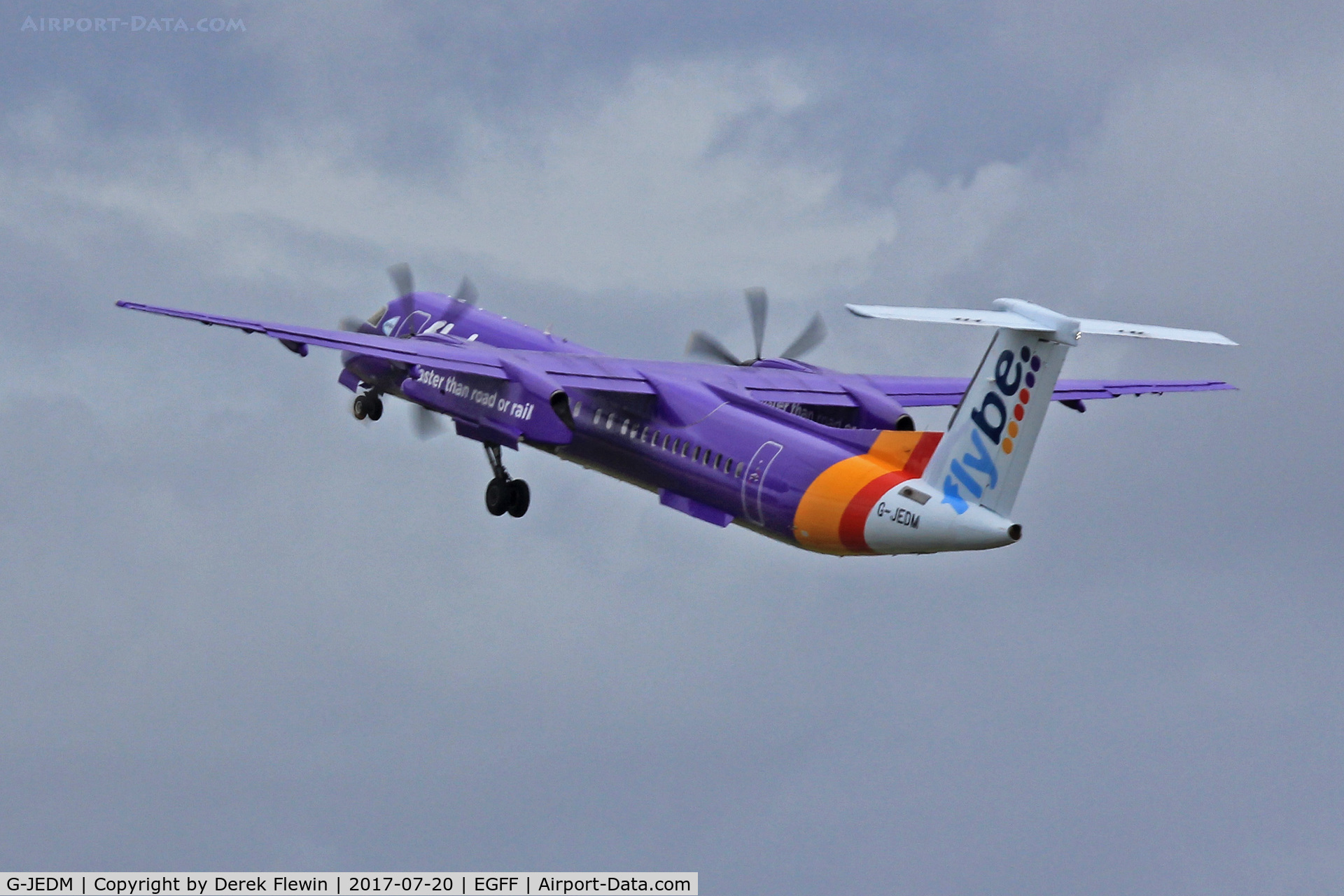 G-JEDM, 2003 De Havilland Canada DHC-8-402Q Dash 8 C/N 4077, DHC-8-402Q, Flybe callsign Jersey 618A, previously C-FGNP, seen departing runway 30 en-route to Belfast City.