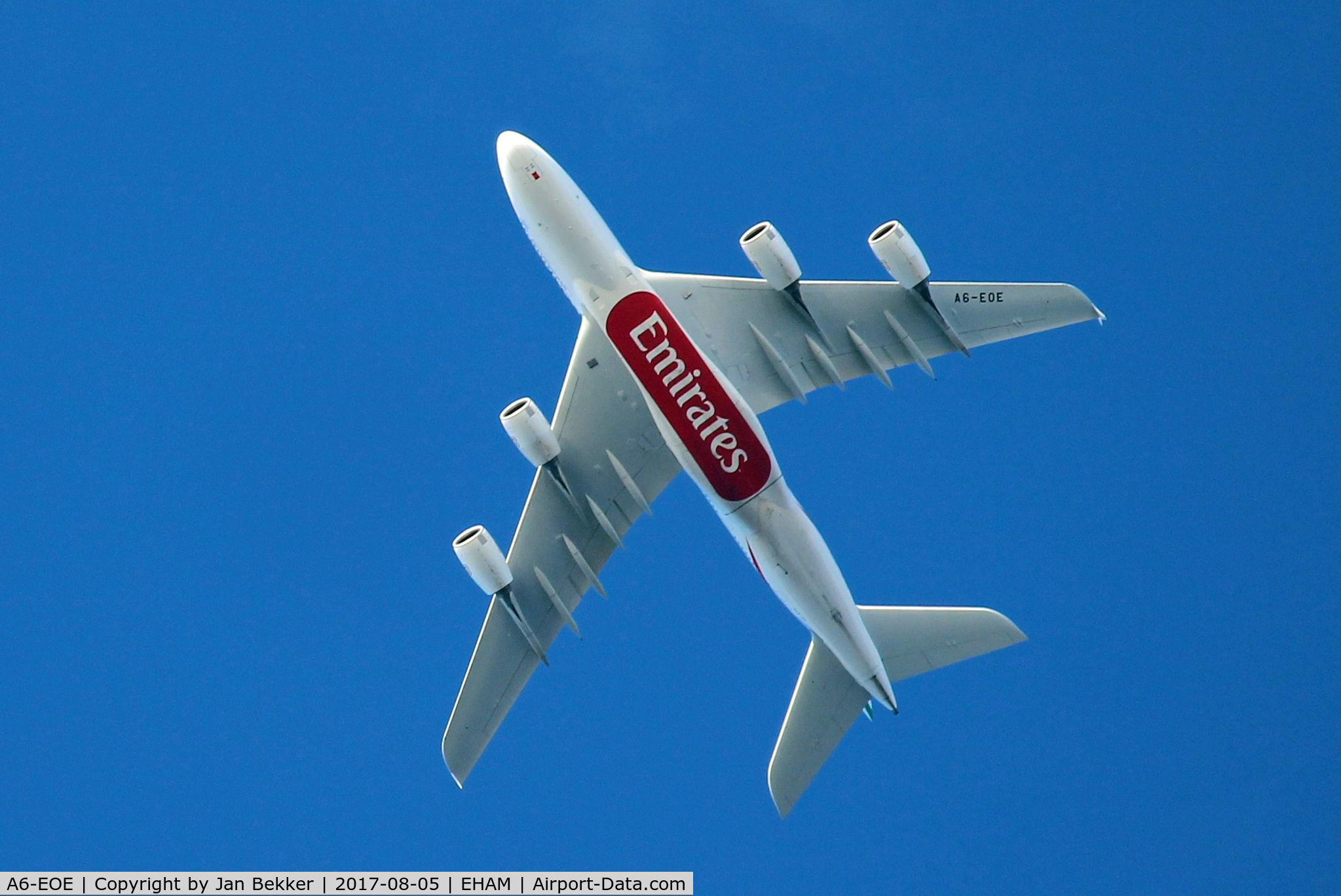 A6-EOE, 2014 Airbus A380-861 C/N 169, Flying over Lelystad at 10.000 feet direction Amsterdm (EHAM)