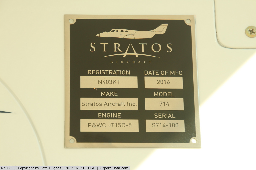 N403KT, 2016 Stratos 714 C/N S714-100, N403KT Stratos manufacturer's plate, Oshkosh 2017