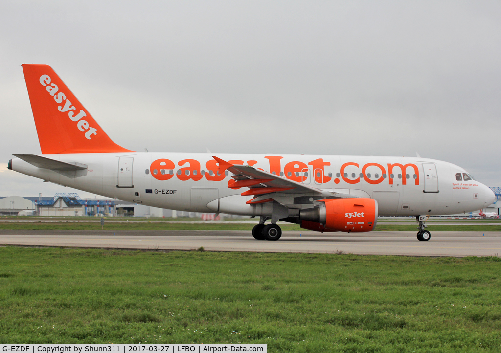 G-EZDF, 2008 Airbus A319-111 C/N 3432, Taxiing holding point rwy 14L for departure with additional 'Spirit of Easyjet 2014 - James Baron' titles