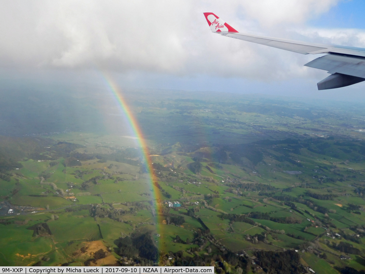 9M-XXP, 2013 Airbus A330-343X C/N 1481, Rainbow on approach to Auckland (OOL-AKL)