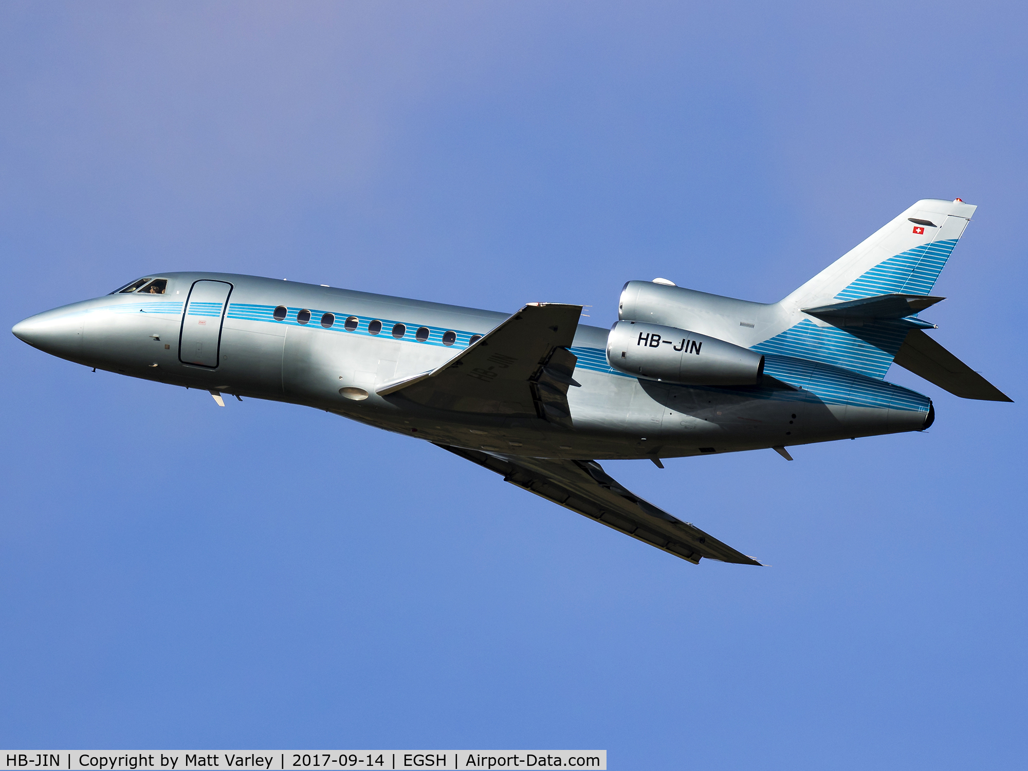 HB-JIN, 2002 Dassault Falcon 900EX C/N 107, climbing away from Norwich