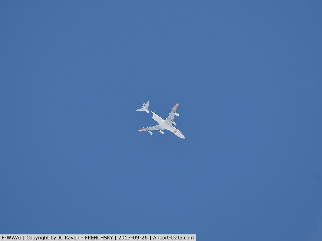 F-WWAI, 1991 Airbus A340-311 C/N 001, AIB72AI test aircraft is one of 2 ‘Flight Labs’ provided by Airbus to test high potential technologies being developed within Clean Sky. The outer wings of Flight Lab 2 will be replaced with 2 types of laminar wings, one on each side. above BOD airport