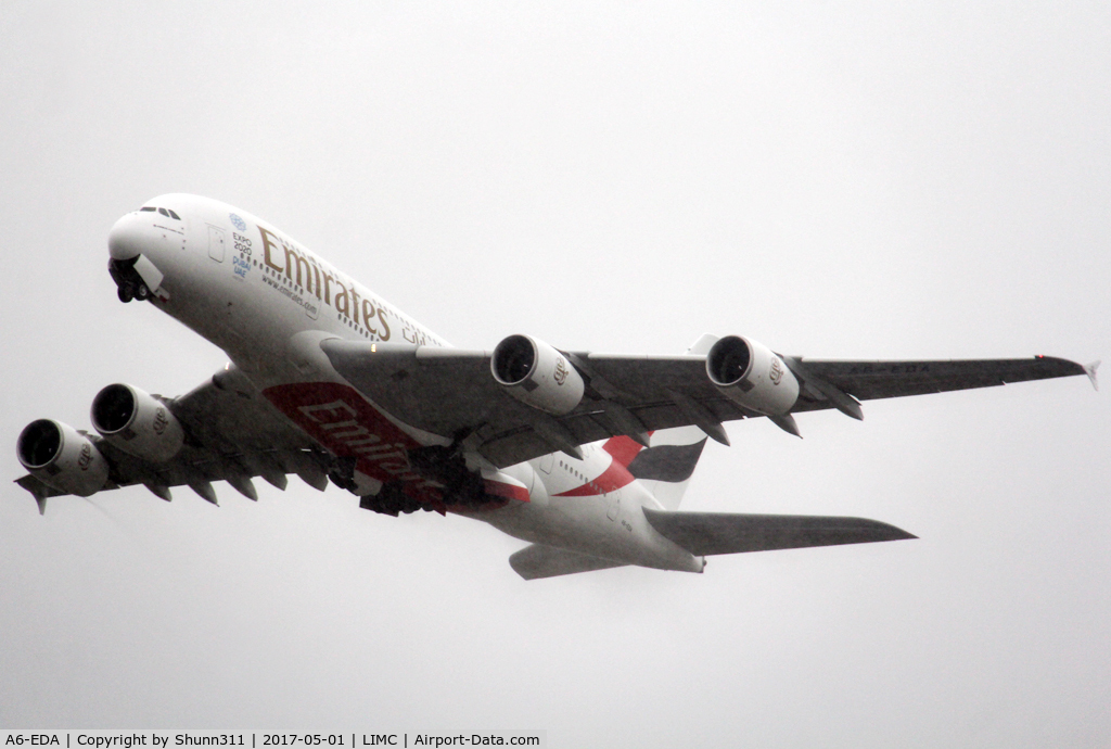 A6-EDA, 2007 Airbus A380-861 C/N 011, Climbing after take off and taken from T2 @ MXP