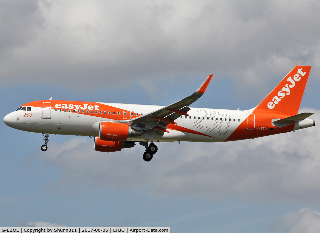 G-EZOL, 2015 Airbus A320-214 C/N 6572, Landing rwy 32L with additional '250' titles to promote the 250th Airbus in the EZY fleet