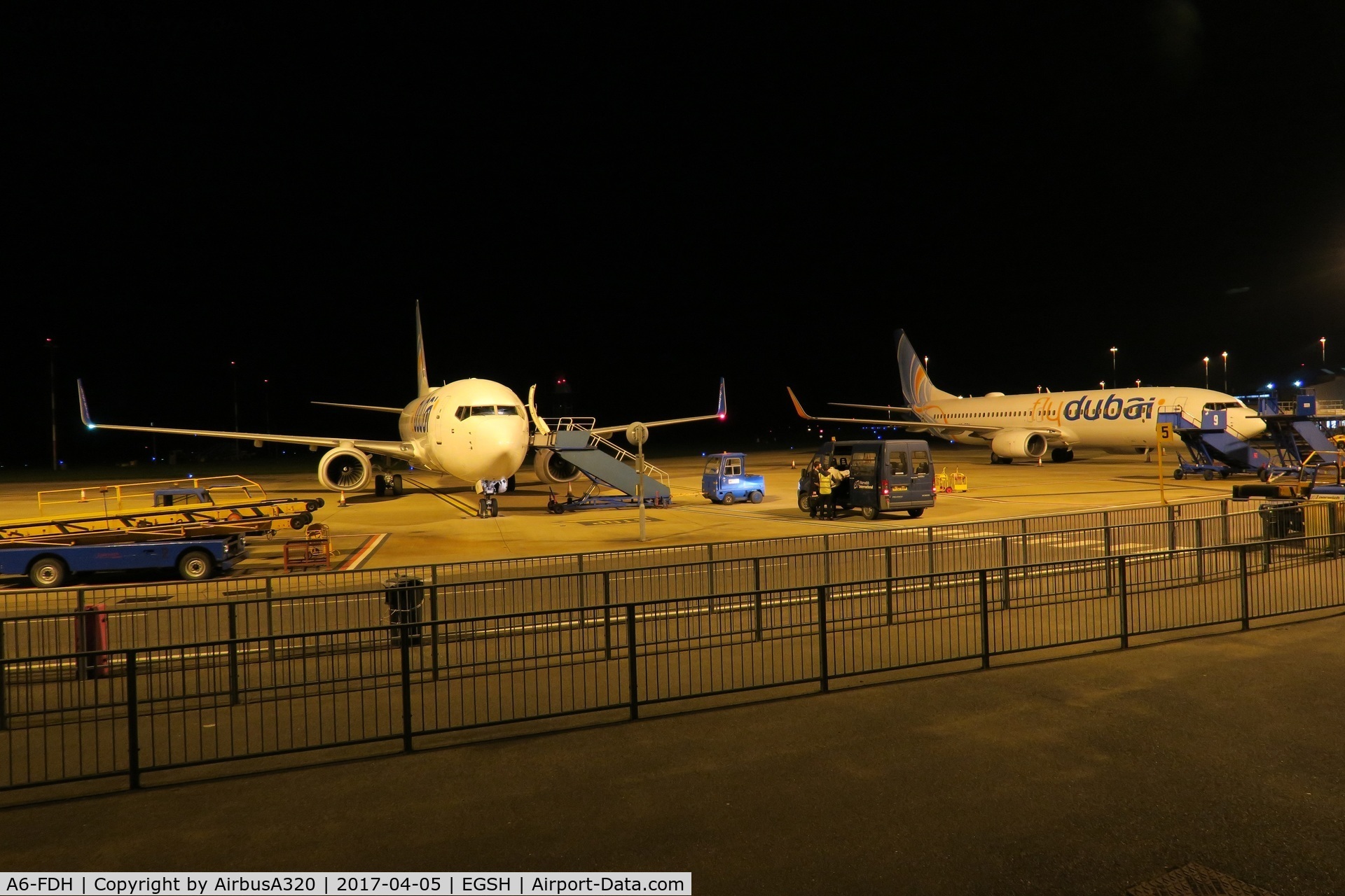 A6-FDH, 2010 Boeing 737-8KN C/N 31716, Norwich plays host to Fly Dubai earlier this year when 5 came through at the end of lease with Fly Dubai
Here we see A6-FDH & A6-FDI parked on the stand shortly after arriving