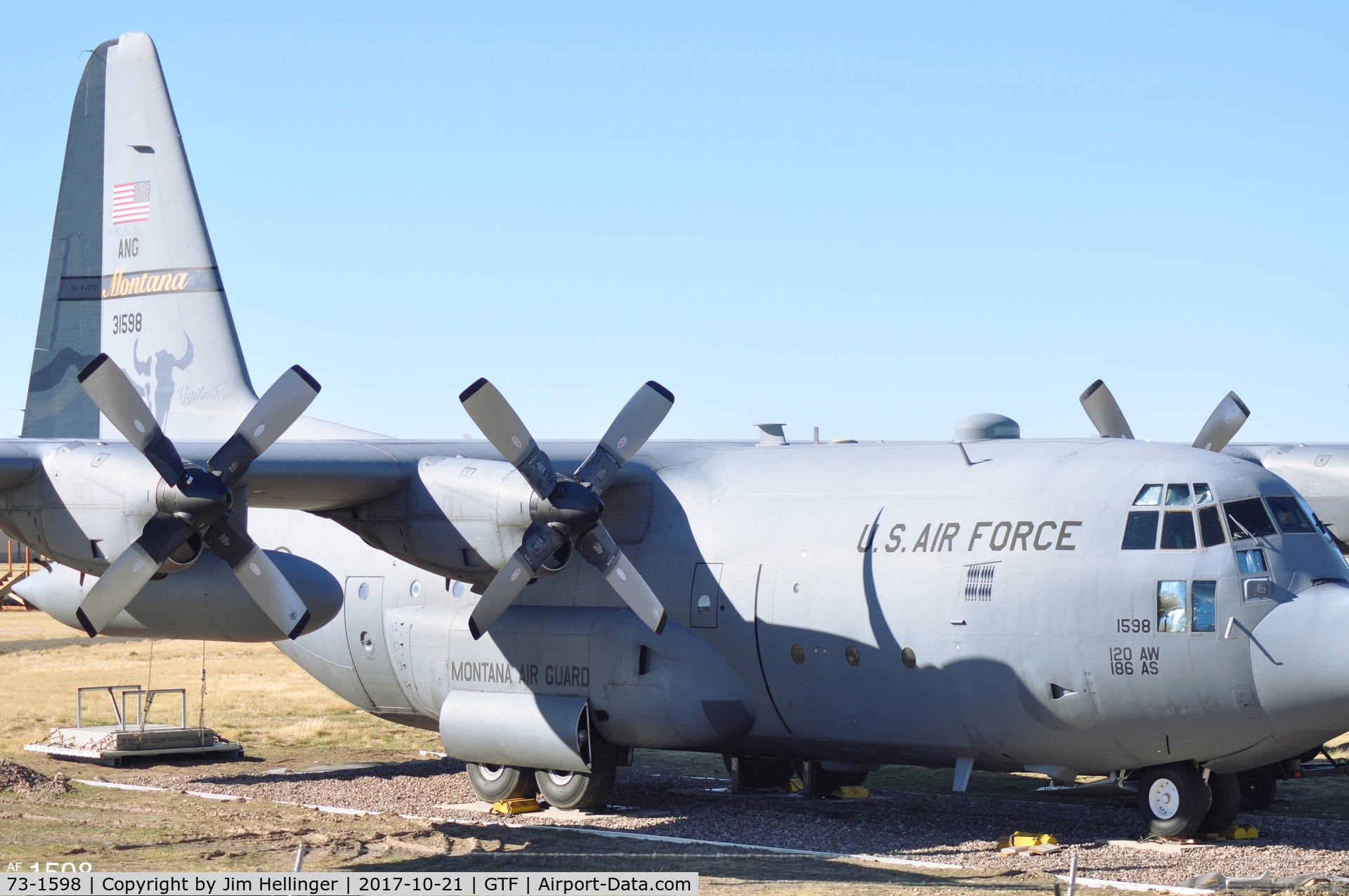 73-1598, 1973 Lockheed C-130H Hercules C/N 382-4573, 1598 retired with around 24,000 flight hours. Seen here being put on permanent display at GTF airport (2017).