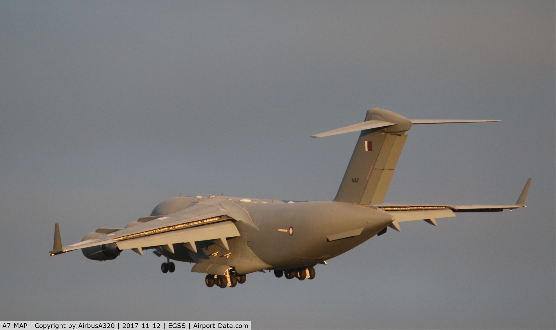 A7-MAP, 2016 Boeing C-17A Globemaster III C/N F-279, Coming into Land at London Stansted