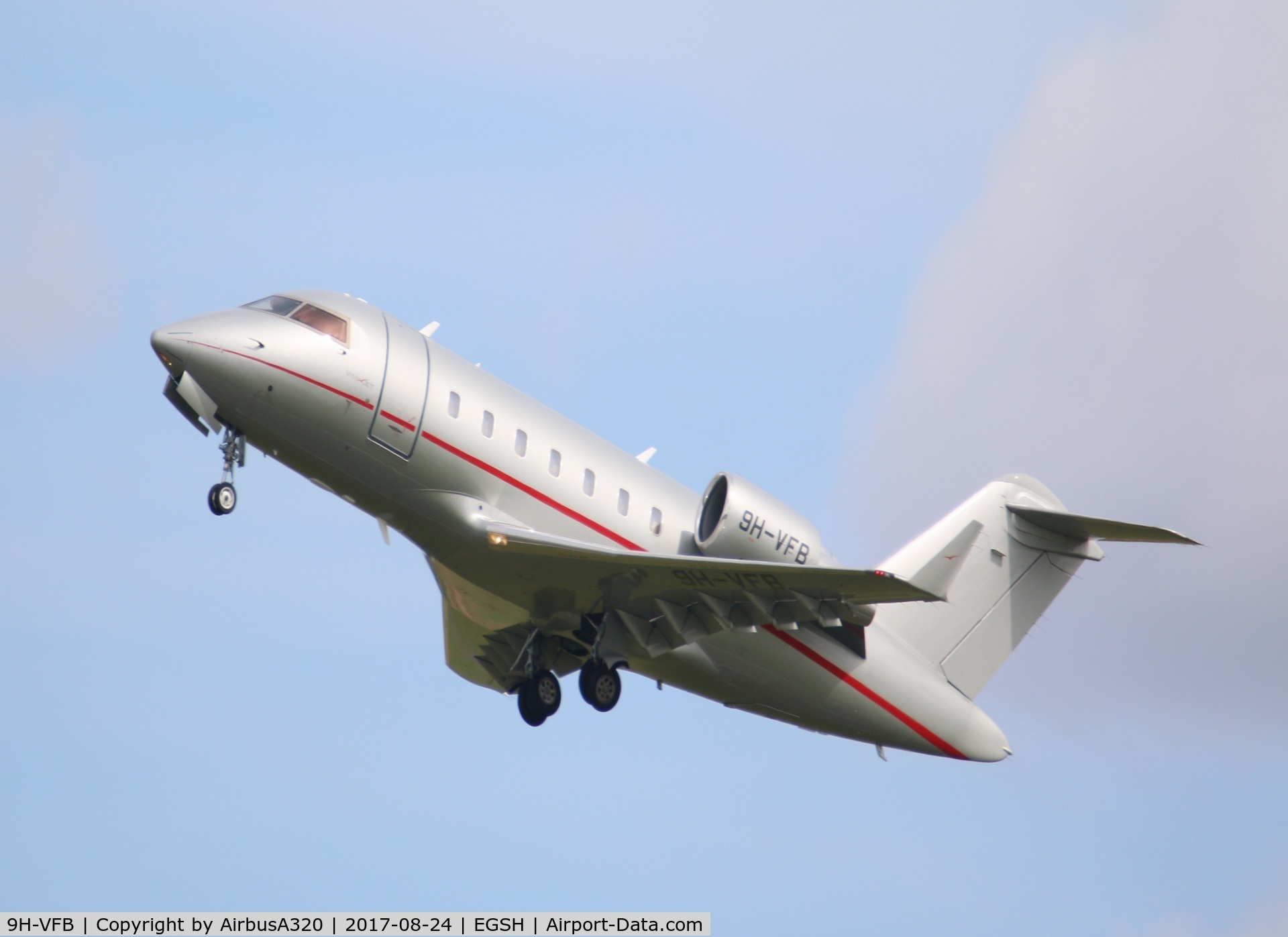 9H-VFB, 2014 Bombardier Challenger 604 (CL-600-2B16) C/N 5971, departing on a rare nice sunny day