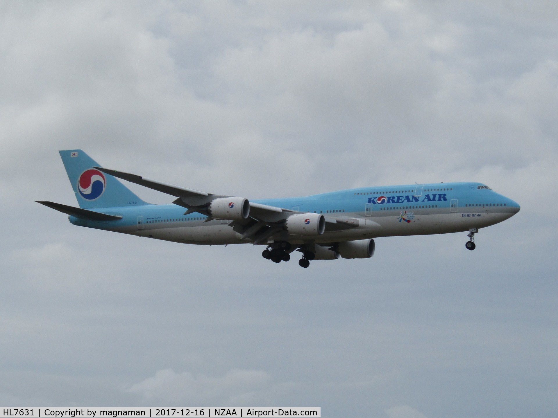 HL7631, 2015 Boeing 747-8B5 C/N 40906, over viewing car park