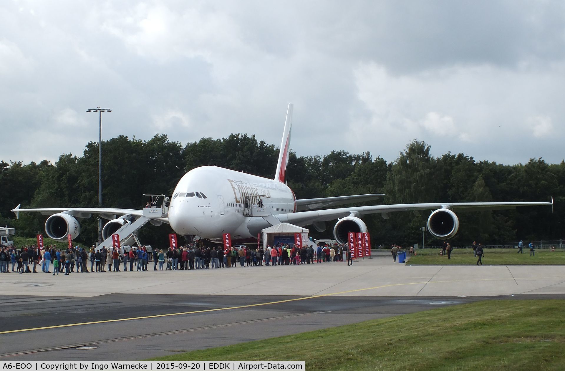 A6-EOO, 2015 Airbus A380-861 C/N 0190, Airbus A380-861 of Emirates Airline at the DLR 2015 air and space day on the side of Cologne airport