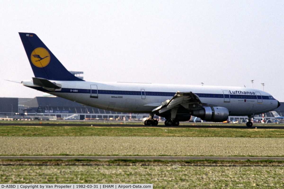D-AIBD, 1979 Airbus A300B4-203 C/N 76, Airbus A300B4 of Lufthansa landing at Schiphol airport, the Netherlands, 1982
