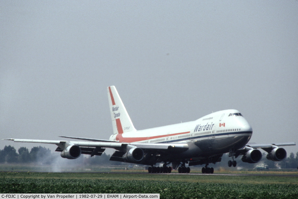 C-FDJC, 1971 Boeing 747-1D1 C/N 20208, Wardair Canada Boeing 747-1D1 landing at Schiphol airport, the Netherlands, 1982