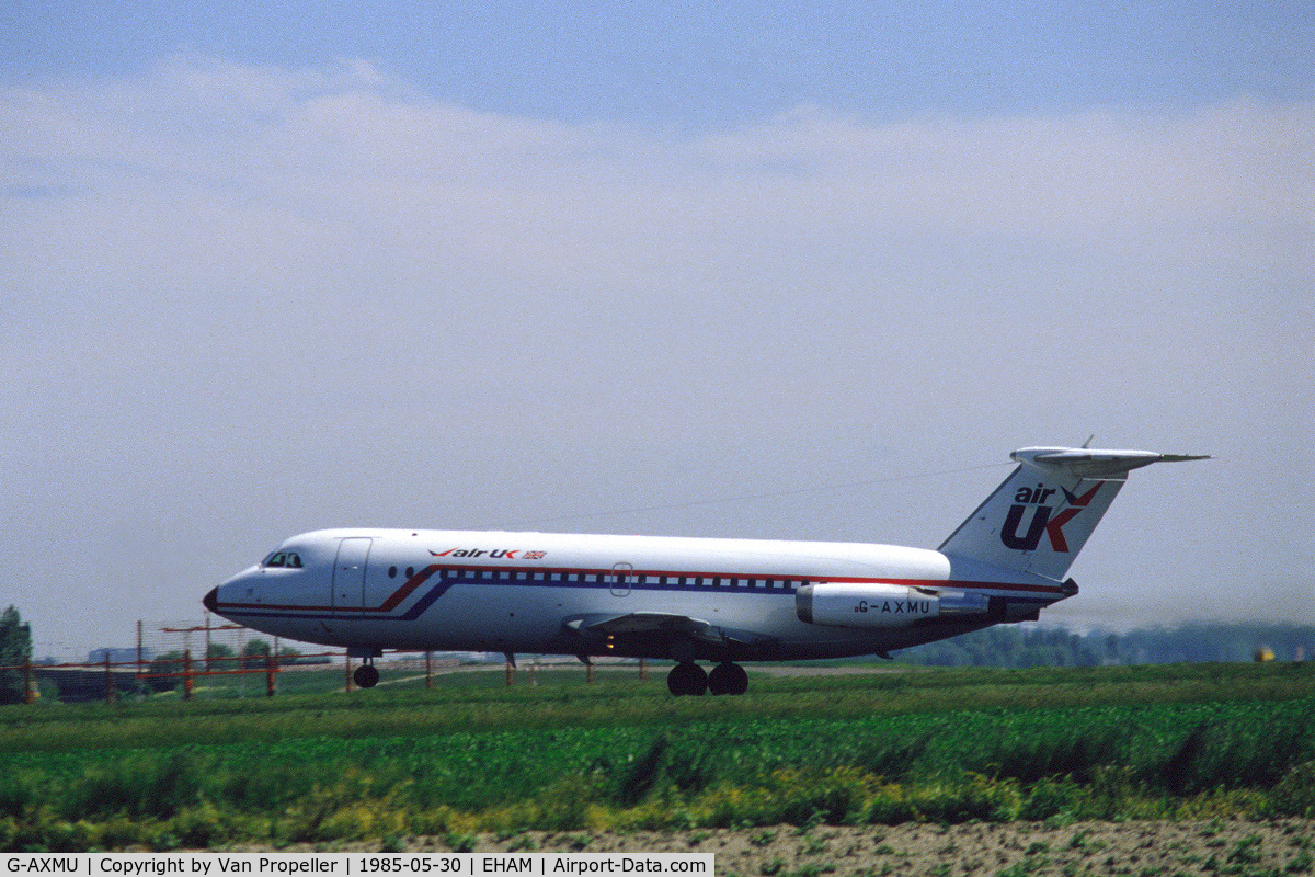 G-AXMU, 1968 BAC 111-432FD One Eleven C/N BAC.157, Air UK BAC One-Eleven 432FD rotating for take off at Schiphol airport, the Netherlands, 1985