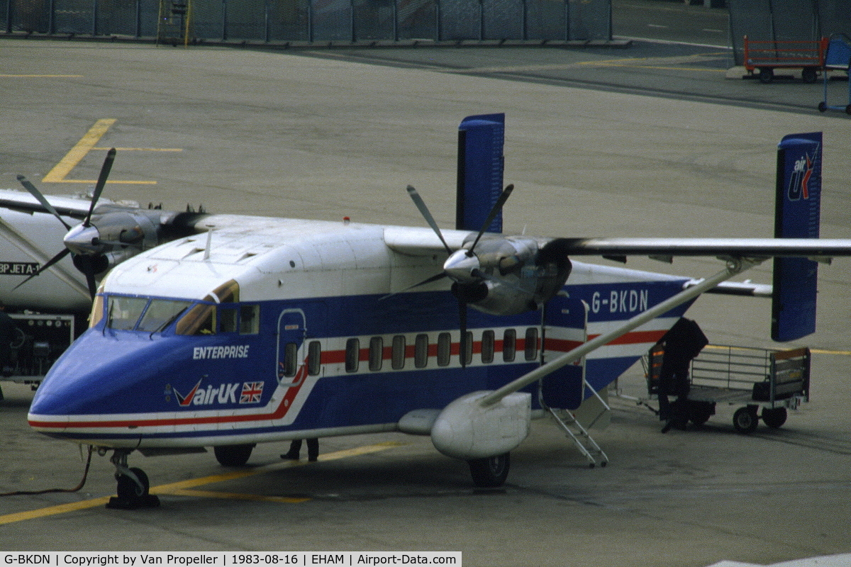 G-BKDN, 1982 Short 330-100 C/N SH.3090, Air UK Short 330 on the platform at Schiphol airport, the Netherlands, 1983