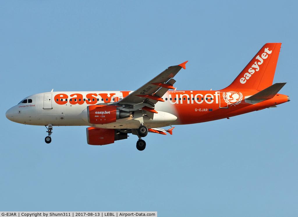G-EJAR, 2005 Airbus A319-111 C/N 2412, Landing rwy 25R in UNICEF c/s