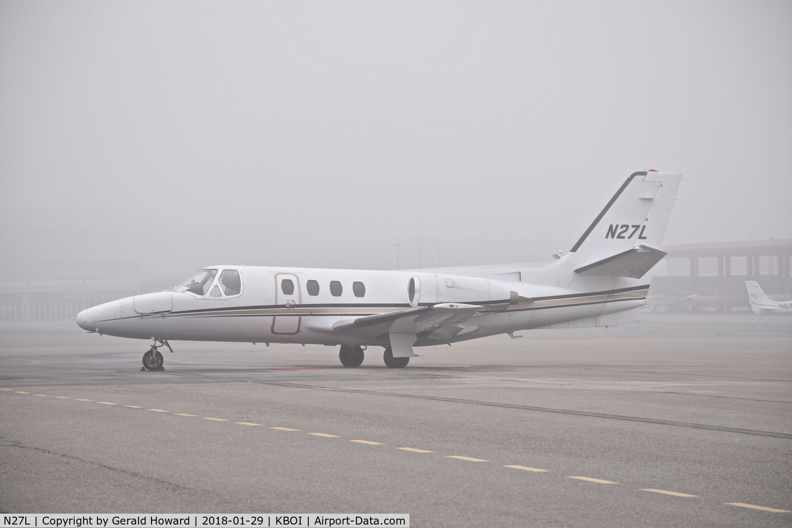 N27L, 1972 Cessna 500 Citation C/N 500-0038, Parked on foggy morning on the north GA ramp.