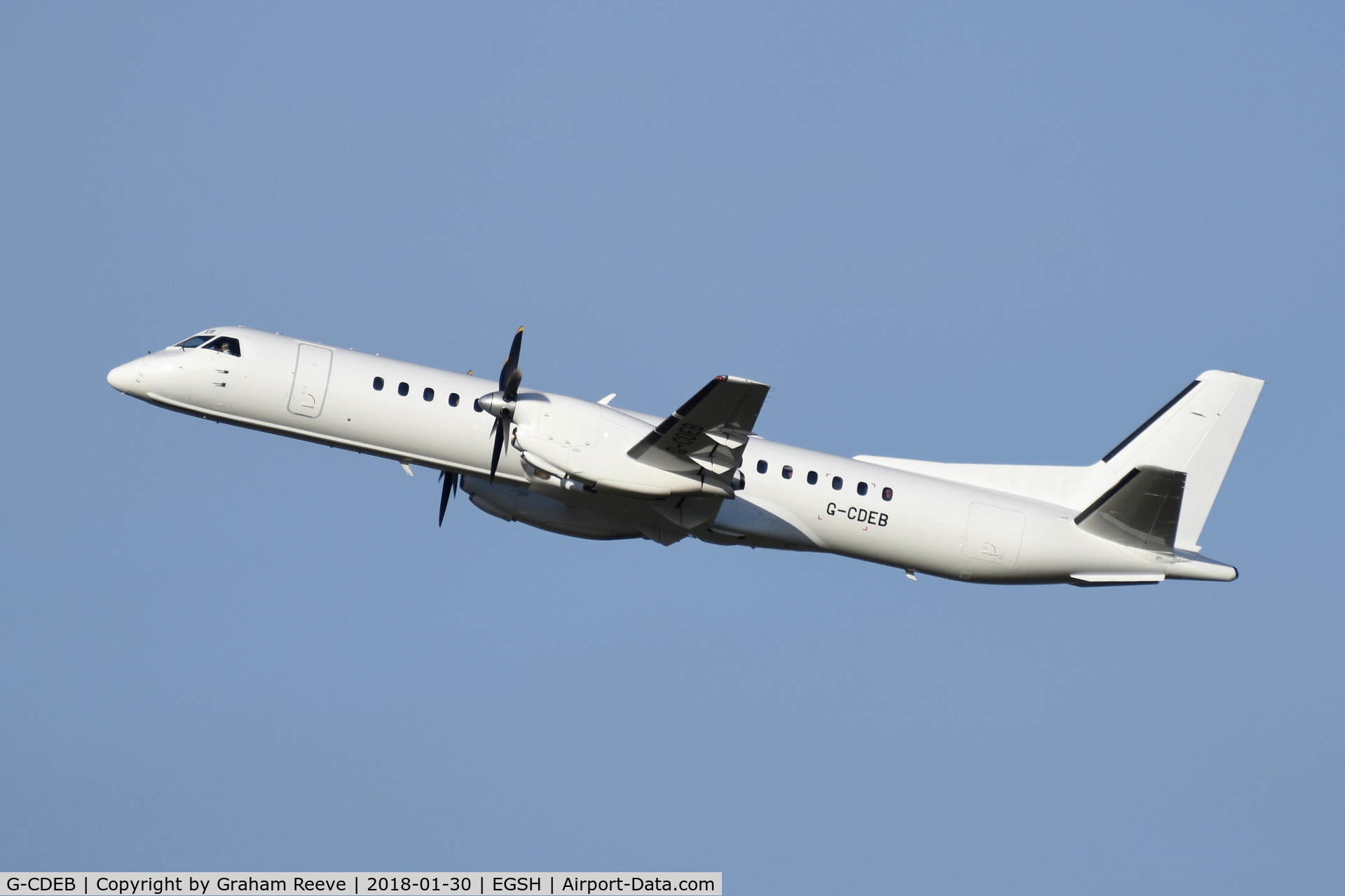 G-CDEB, 1996 Saab 2000 C/N 2000-036, Departing from Norwich.
