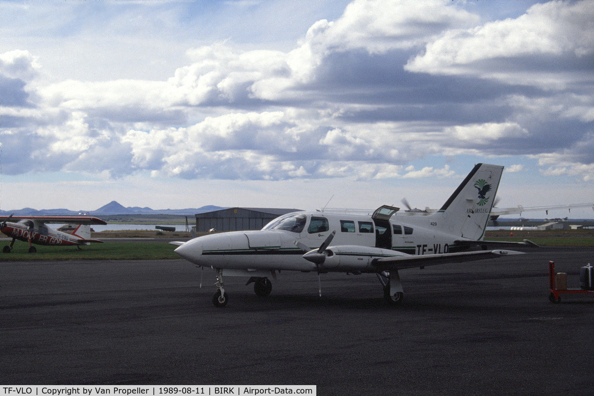 TF-VLO, 1981 Cessna 402C C/N 402C0497, Cessna 402C of Eagle Air of Iceland (Arnarflug) at Reykjavik domestic airport, Iceland, 1989