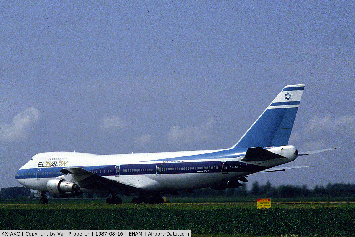 4X-AXC, 1973 Boeing 747-258B C/N 20704, El Al Israel Airlines Boeing 747-258B taking off from Schiphol airport, the Netherlands, 1987