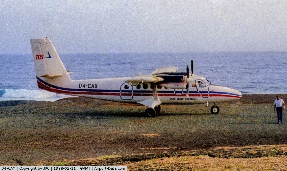 D4-CAX, 1977 De Havilland Canada DHC-6-300 Twin Otter C/N 550, The Island's main Airport, Sao Filipe was on repairs (for over 10 years), so this was the only option. A short dirt runway, they had to scare away the goats before landing.