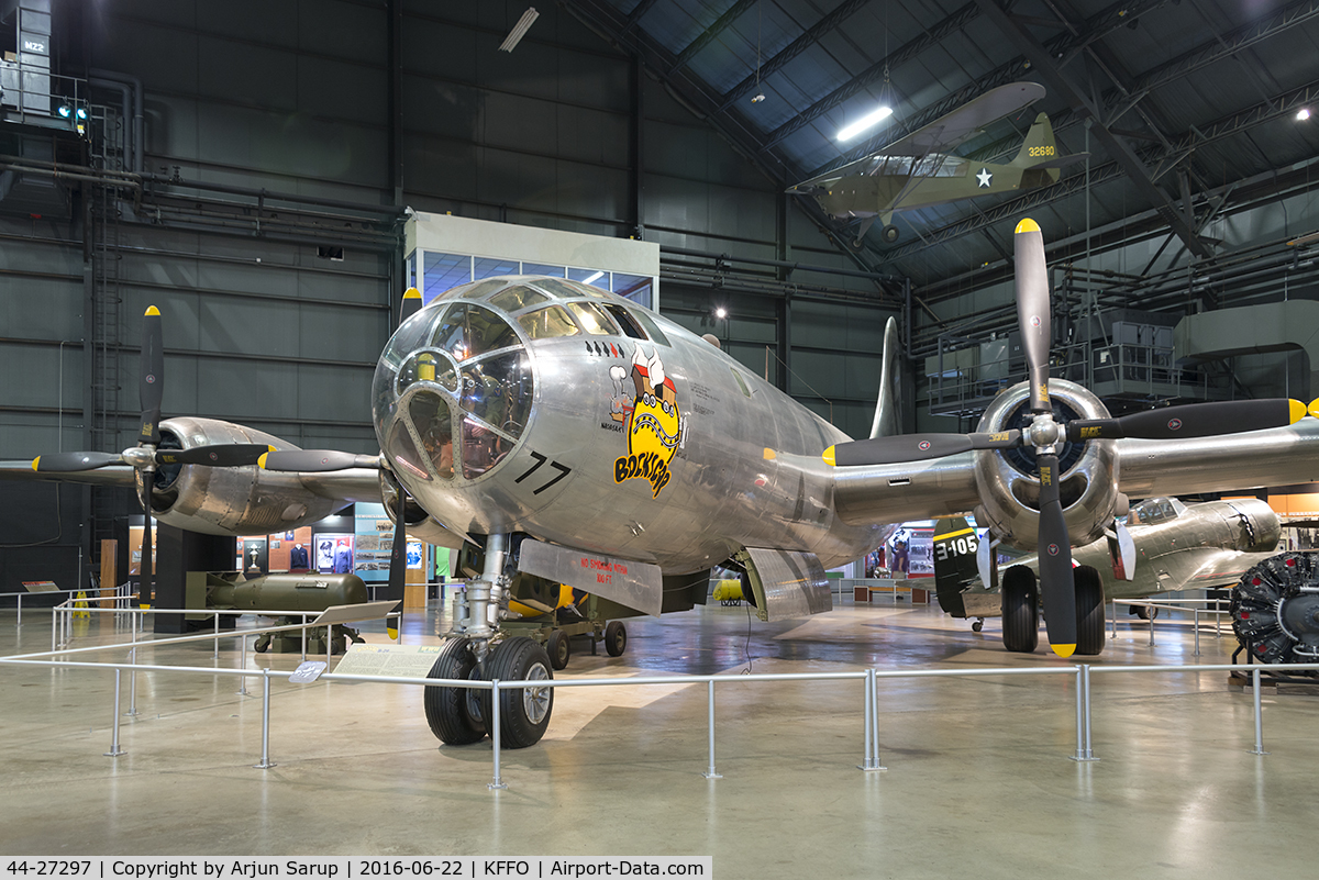 44-27297, 1944 Boeing B-29 Superfortress C/N 3615, On display at the National Museum of the U.S. Air Force.  “Bockscar” was a Silverplate conversion, assigned to 393rd BS, 509th Composite Group.  It dropped the “Fat Man” Plutonium atomic bomb on Nagasaki, its secondary target on Aug. 9, 1945.