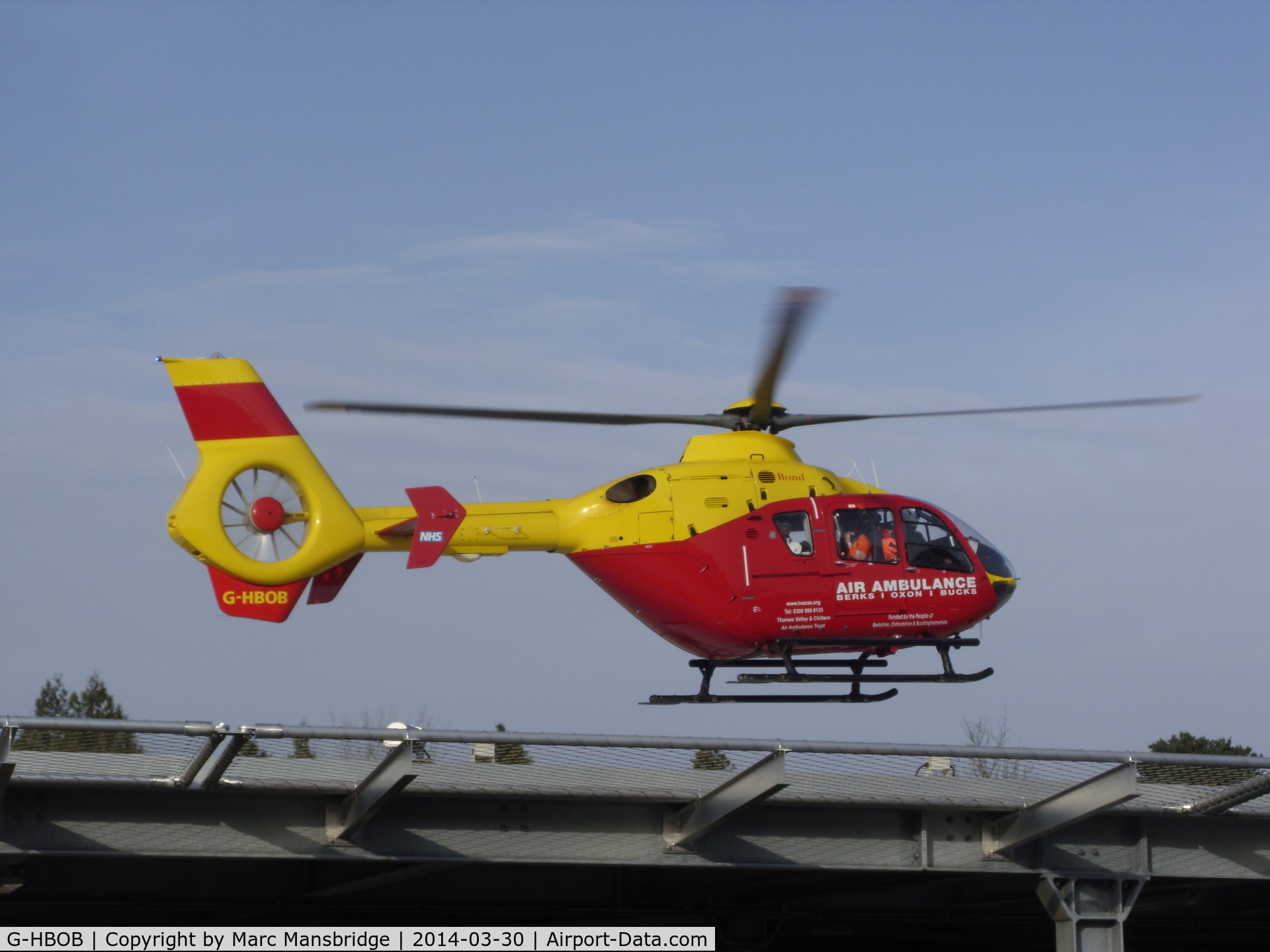 G-HBOB, 2008 Eurocopter EC-135T-2+ C/N 0664, Departing the helipad at Southampton General Hospital UK
