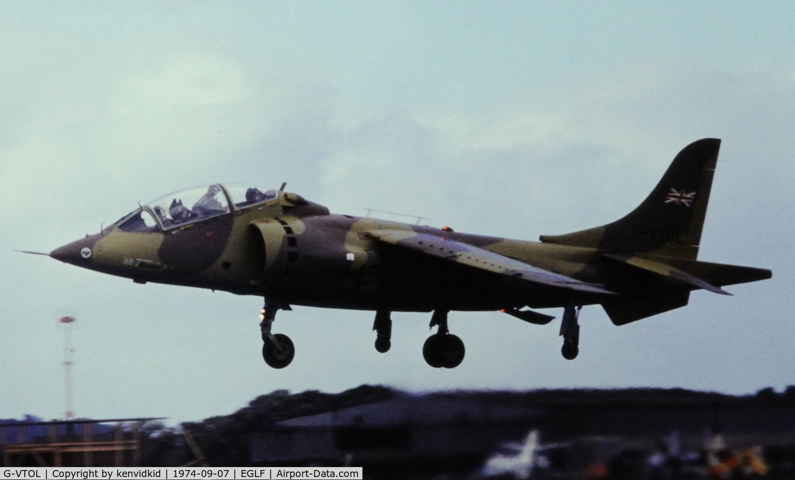 G-VTOL, 1970 Hawker Siddeley Harrier T.52 C/N B3-41H-735795, At the 1974 SBAC show, copied from slide.