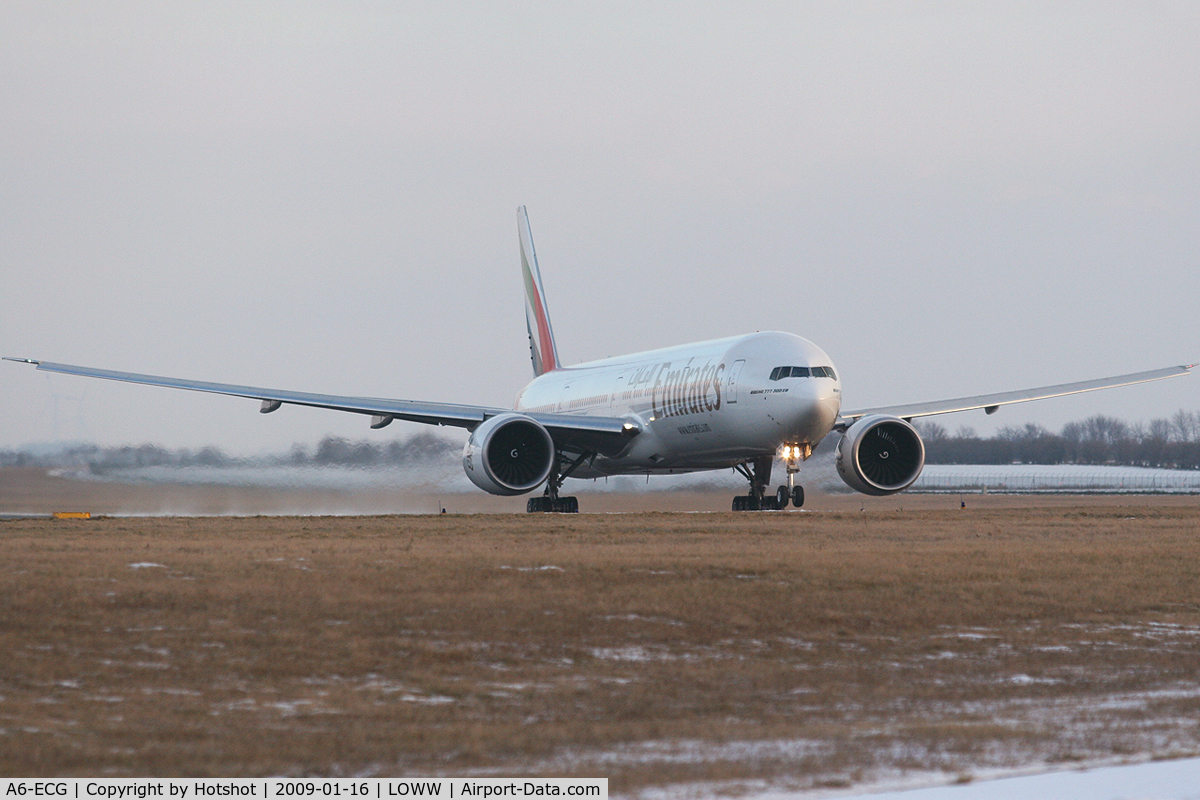 A6-ECG, 2008 Boeing 777-31H/ER C/N 35579, Then pretty new big 777 rotates in snowy condition