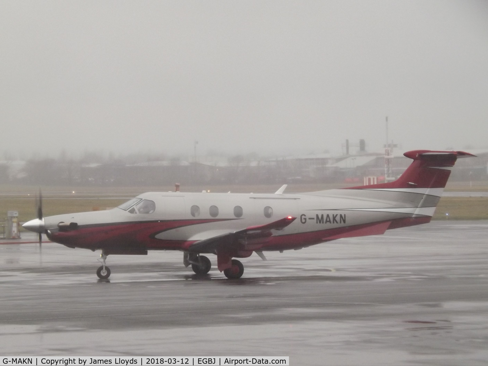 G-MAKN, 2017 Pilatus PC-12/47E C/N 1744, Taxing in at Gloucestershire airport the weather is awful.