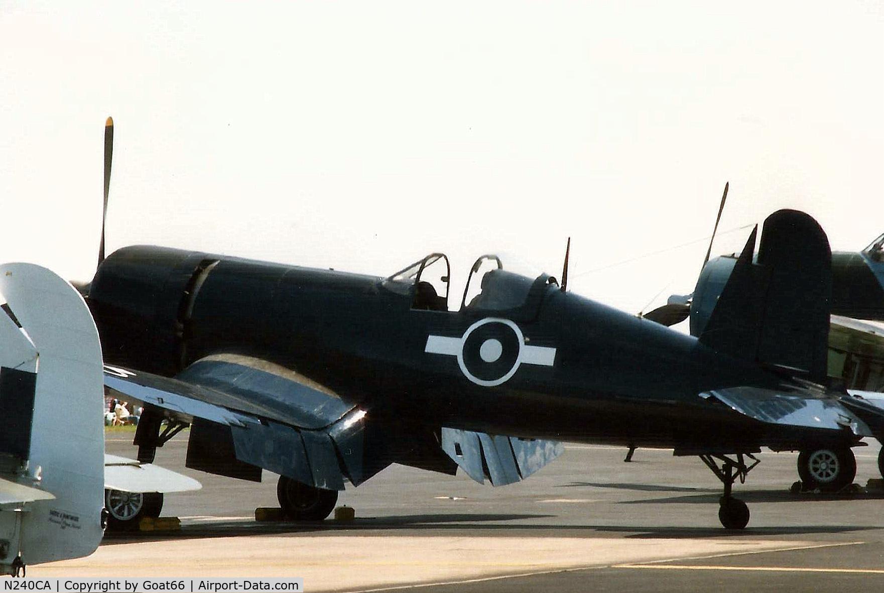 N240CA, 1945 Vought F4U-4 Corsair C/N 9513, Taken during ownership by The Old Flying Machine Company, and wearing SEAC roundels at RAF Mildenhall May 1988