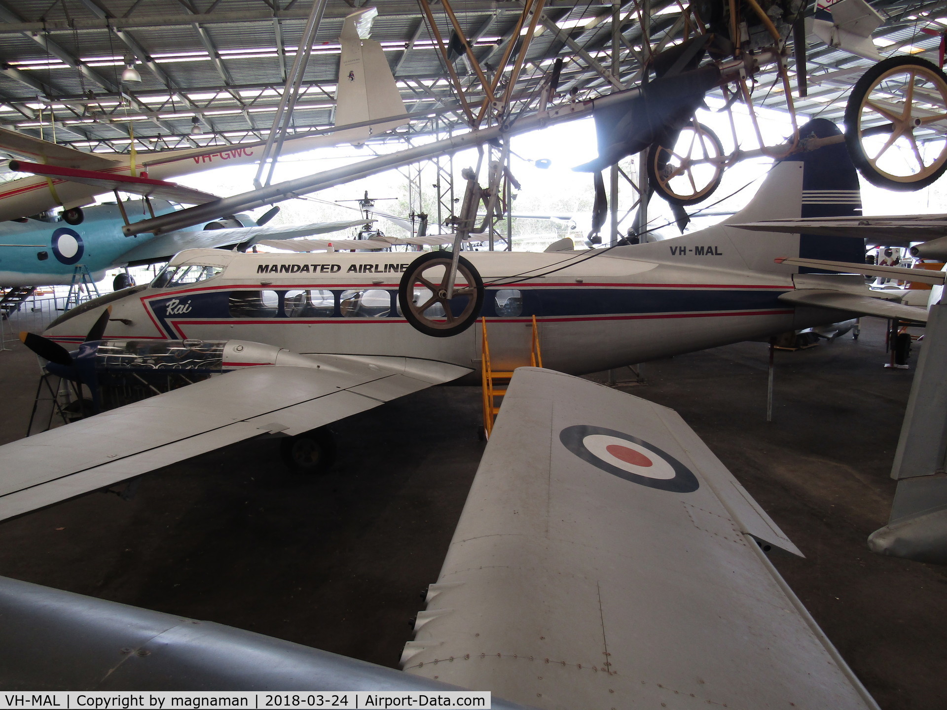 VH-MAL, 1948 De Havilland DH-104 Dove 1 C/N 04120, pretty cramped museum hangar at caloundra