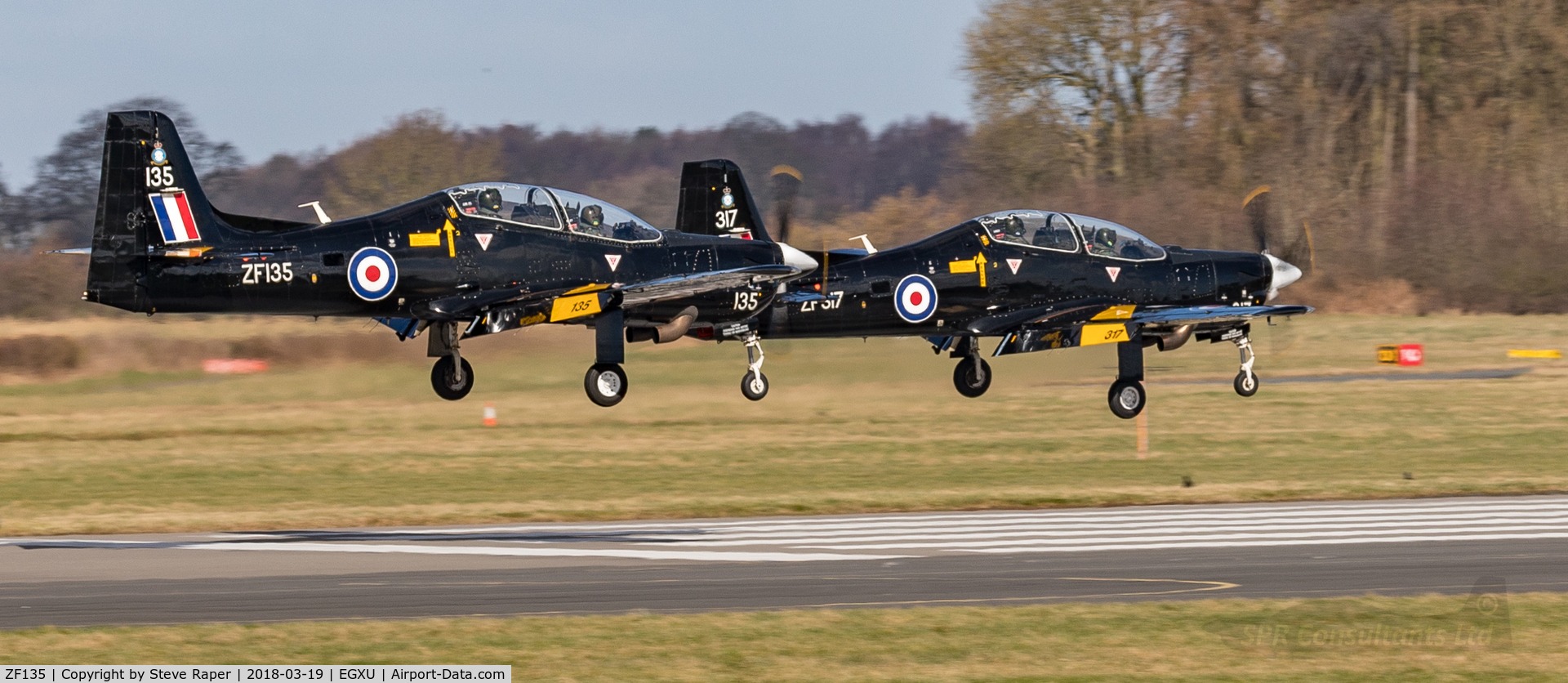 ZF135, 1986 Short S-312 Tucano T1 C/N S001/T1, Pairs landing with ZF317, Linton rwy 03.