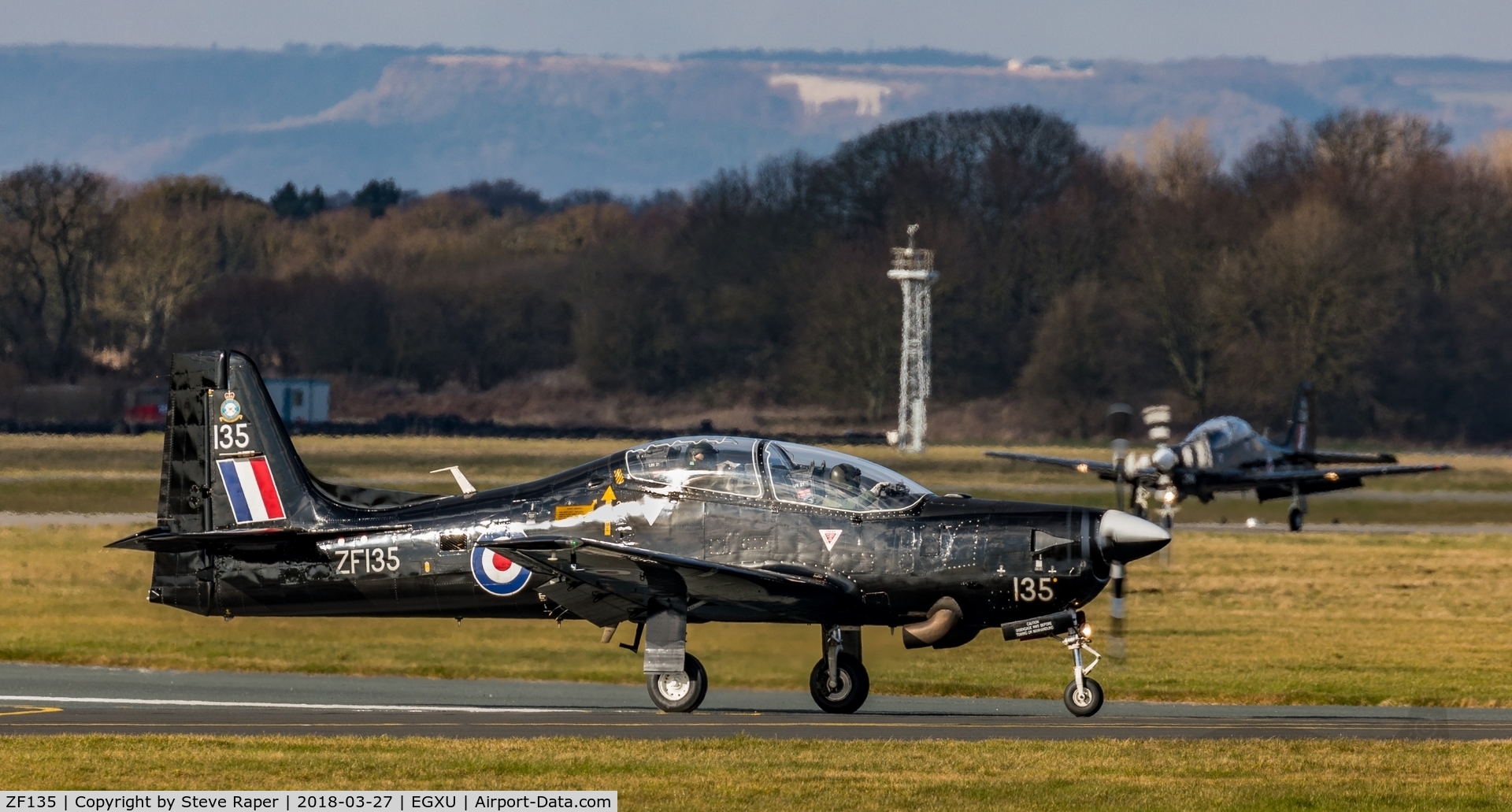 ZF135, 1986 Short S-312 Tucano T1 C/N S001/T1, Taxying back in at Linton with the White Horse in the background.