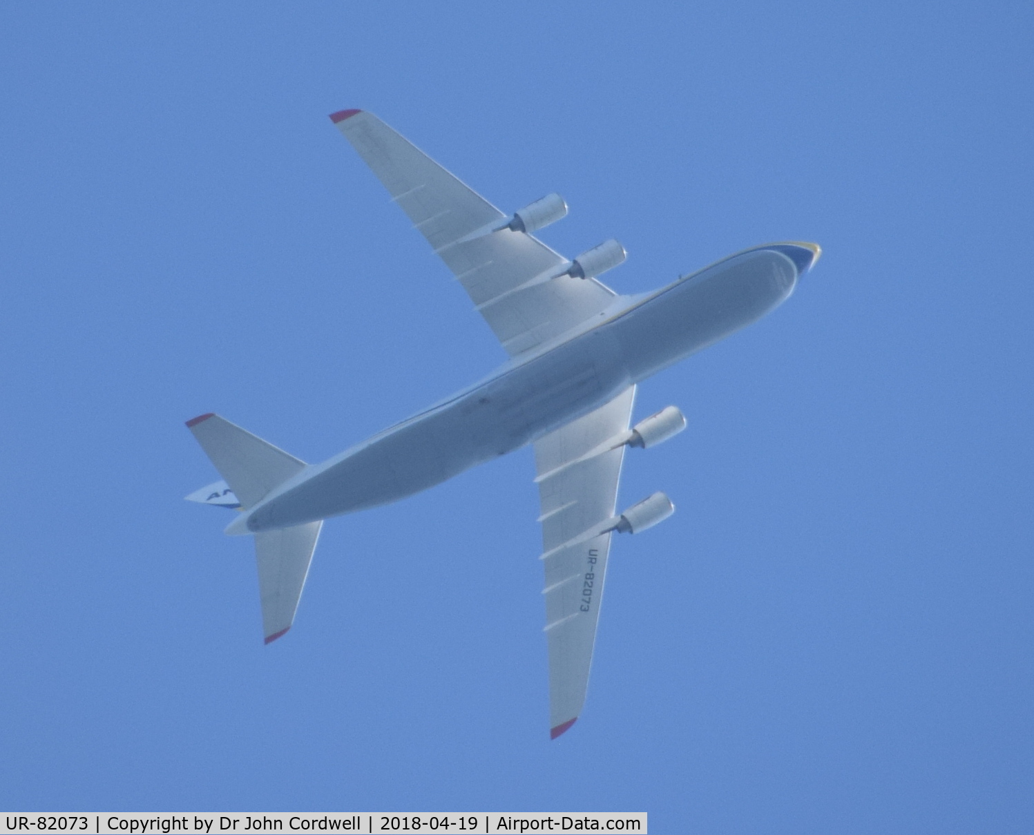 UR-82073, 1994 Antonov An-124-100 Ruslan C/N 9773054359139, Over Wotton-under-Edge, Gloucestershire, 17:02 BST en route from Brize Norton to Goose Bay, Canada.