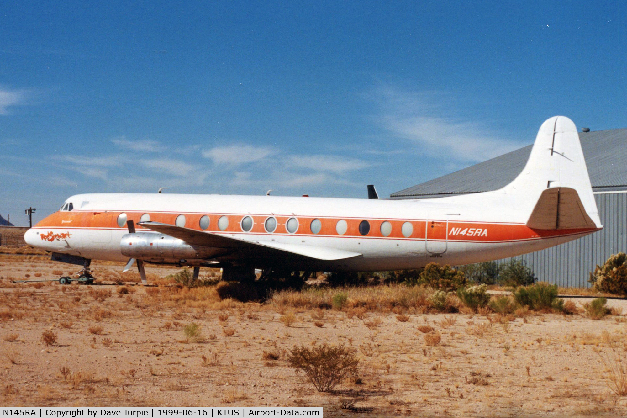 N145RA, 1959 Vickers Viscount 814 C/N 341, Rod Stewart's ride for a while. Operated by Go Air. The was one of many Viscounts parked at KTUS in the late 1990s. Originally registerd as D-ANIP. Reported broken up in 2002.
