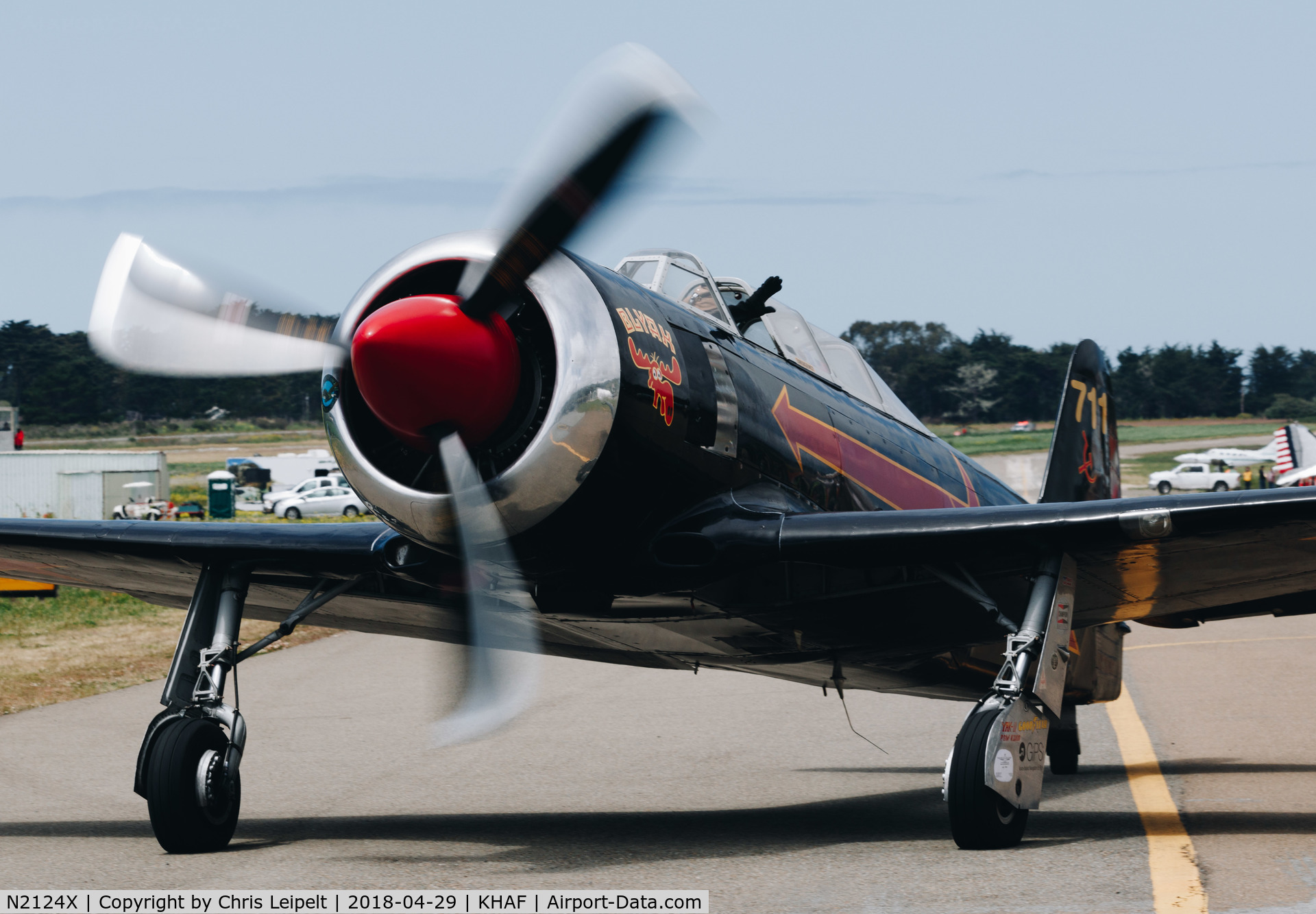 N2124X, 1952 Yakovlev Yak-11 C/N 102146, 1952 Yak-11 taxing out for departure at Half Moon Bay Airport Day 2018.