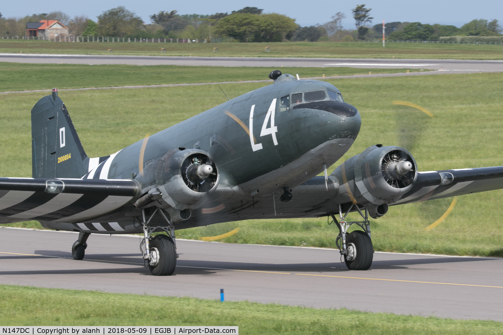 N147DC, 1943 Douglas C-47A-75-DL Skytrain C/N 19347, Taxiing in for a public showing on Liberation Day, 2018, billed as a 'star' of the recent Guernsey Potato Peel Pie film