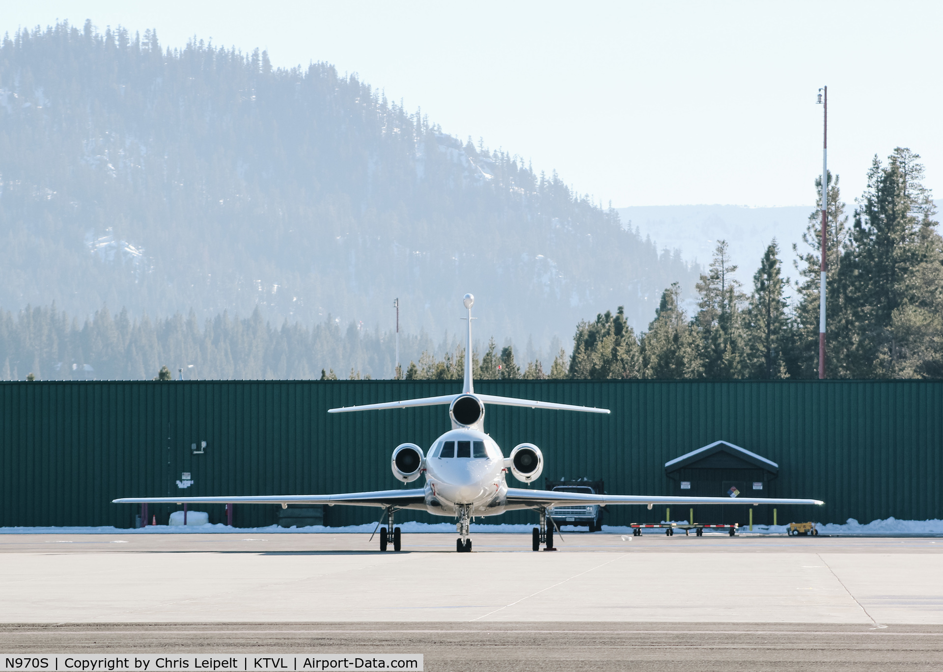 N970S, Dassault Falcon 50 C/N 238, Dassault Falcon 50 visiting from Florida visiting at South Lake Tahoe Airport, CA. Has since been repositioned to Texas in February 2018.