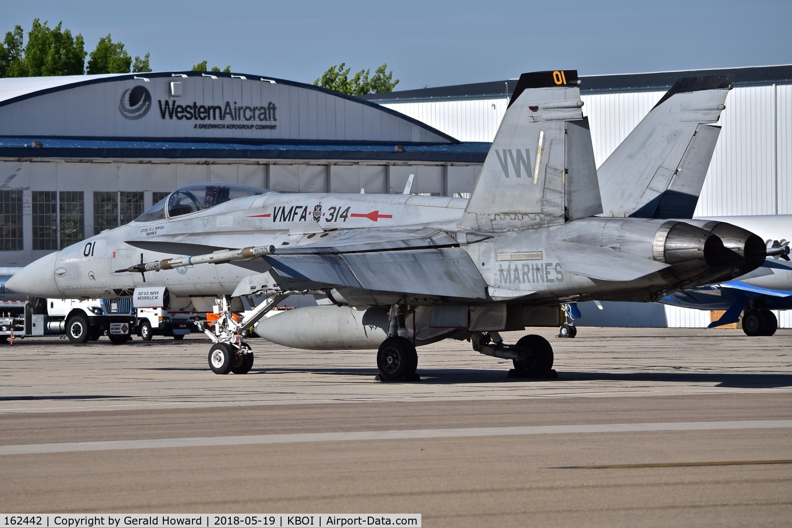 162442, McDonnell Douglas F/A-18A-15-MC Hornet C/N 0288/A233, Parked on the south GA ramp. VMFA-314 “Black Knights”, NAS Miramar, CA.