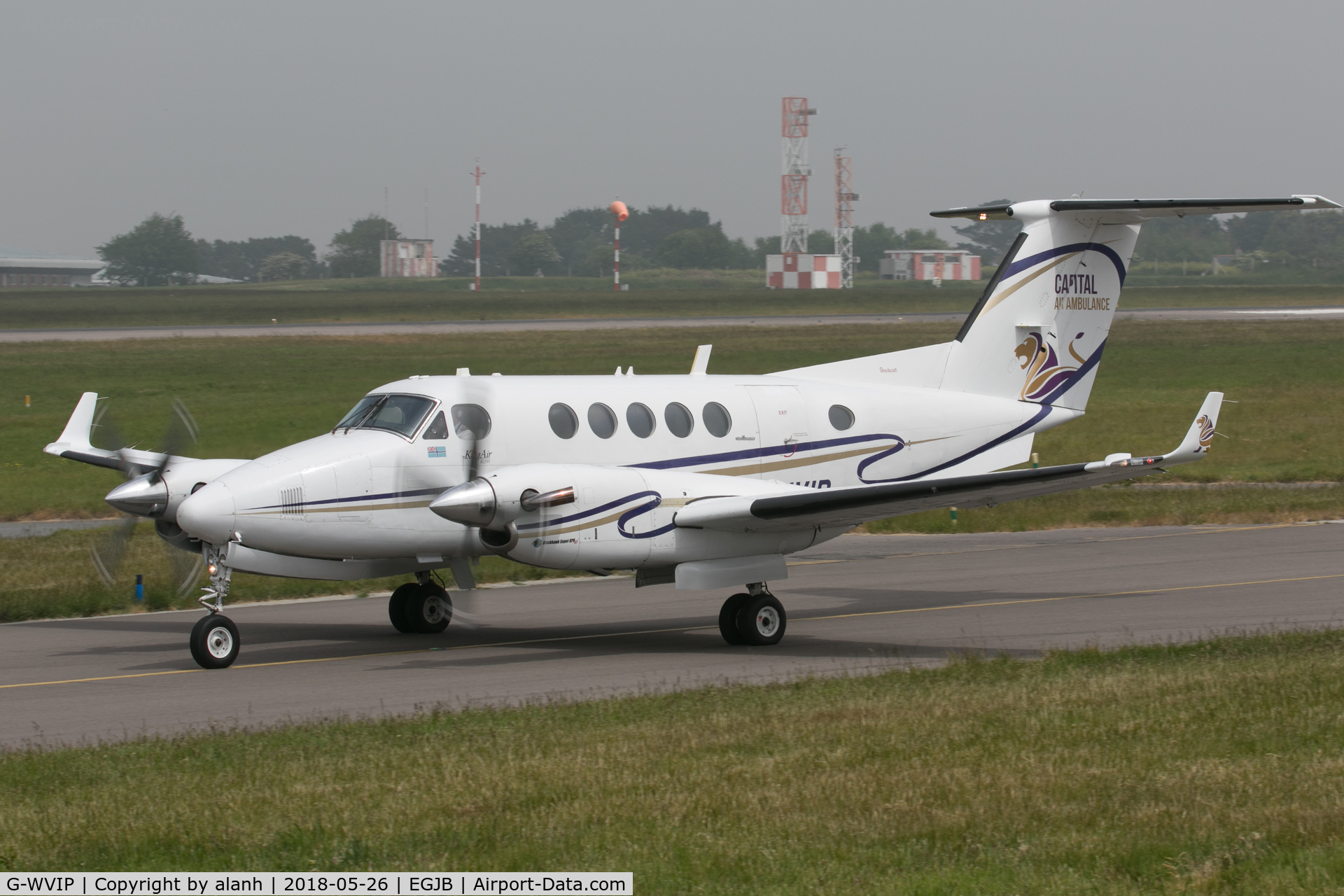 G-WVIP, 1980 Beech 200 Super King Air C/N BB-625, Taxiing for departure at Guernsey; note the Capital Air Ambulance title and logo on the tail