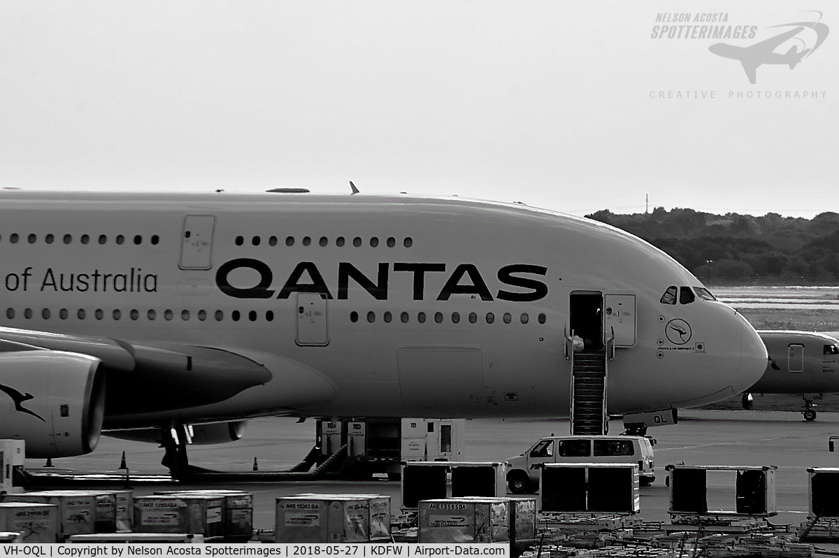 VH-OQL, 2011 Airbus A380-842 C/N 074, Qantas New Livery A380 at apron in DFW.