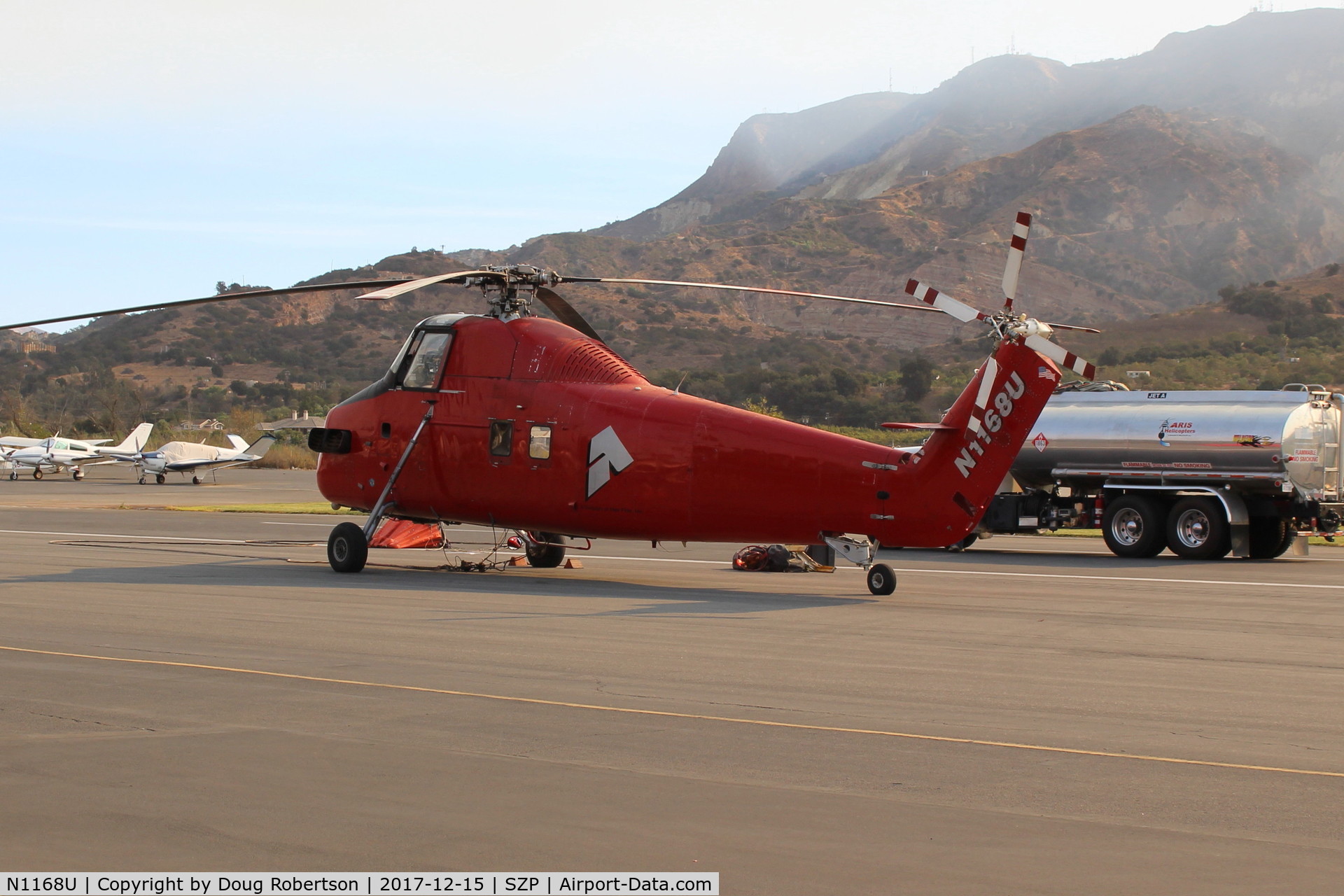 N1168U, 1958 Sikorsky S-58ET C/N 58-1070, N1168U 1958 Sikorsky S-58ET, P&W(C)PT6 Twin Pac Turboshaft 1,800 SHp upgrade. One of the older FireBombers at the SZP FireBase. At 59 years, probably older than its pilot crew.