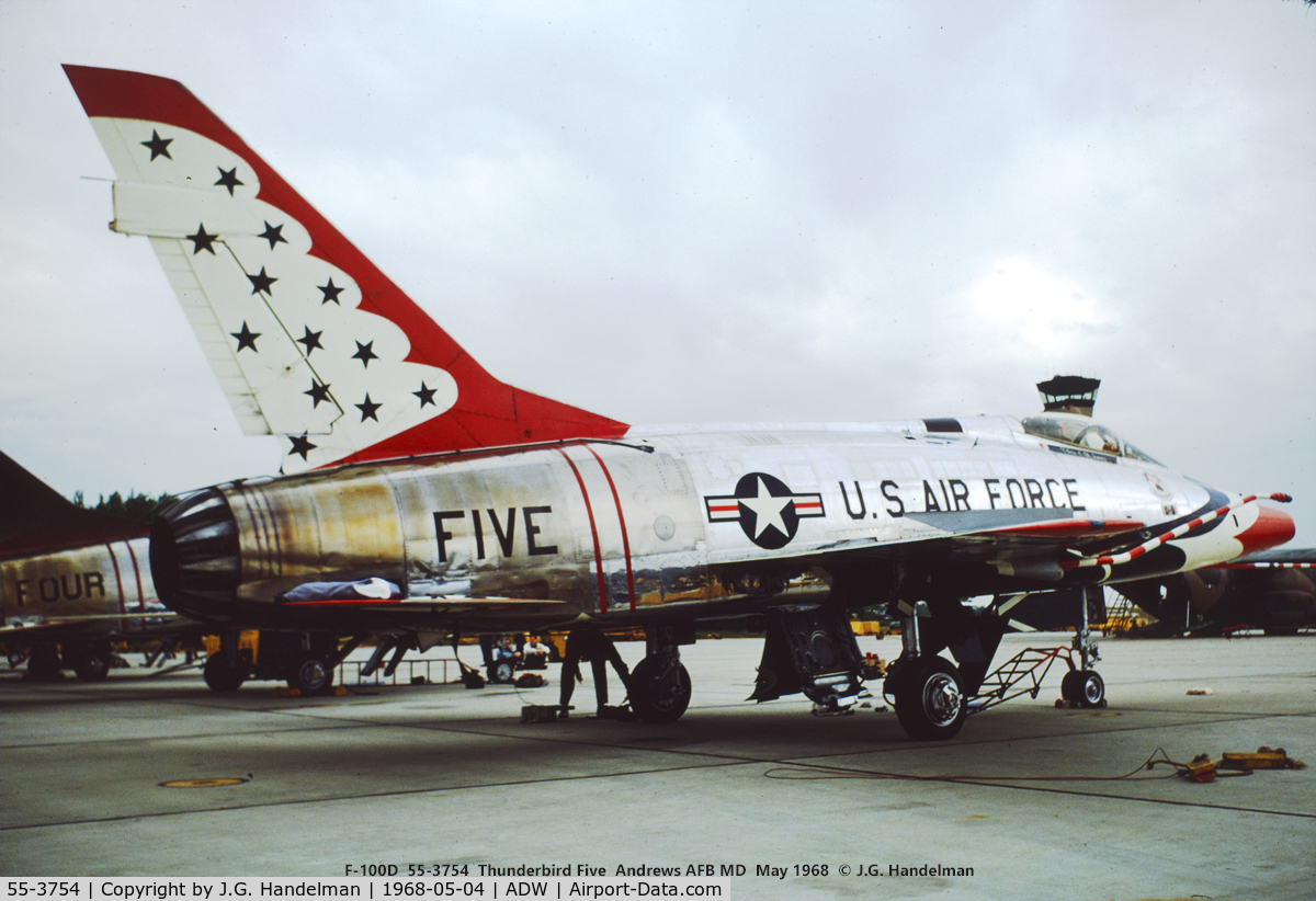 55-3754, 1956 North American F-100D Super Sabre C/N 223-436, T-Bird 5 at Andrews AFB May 1968.