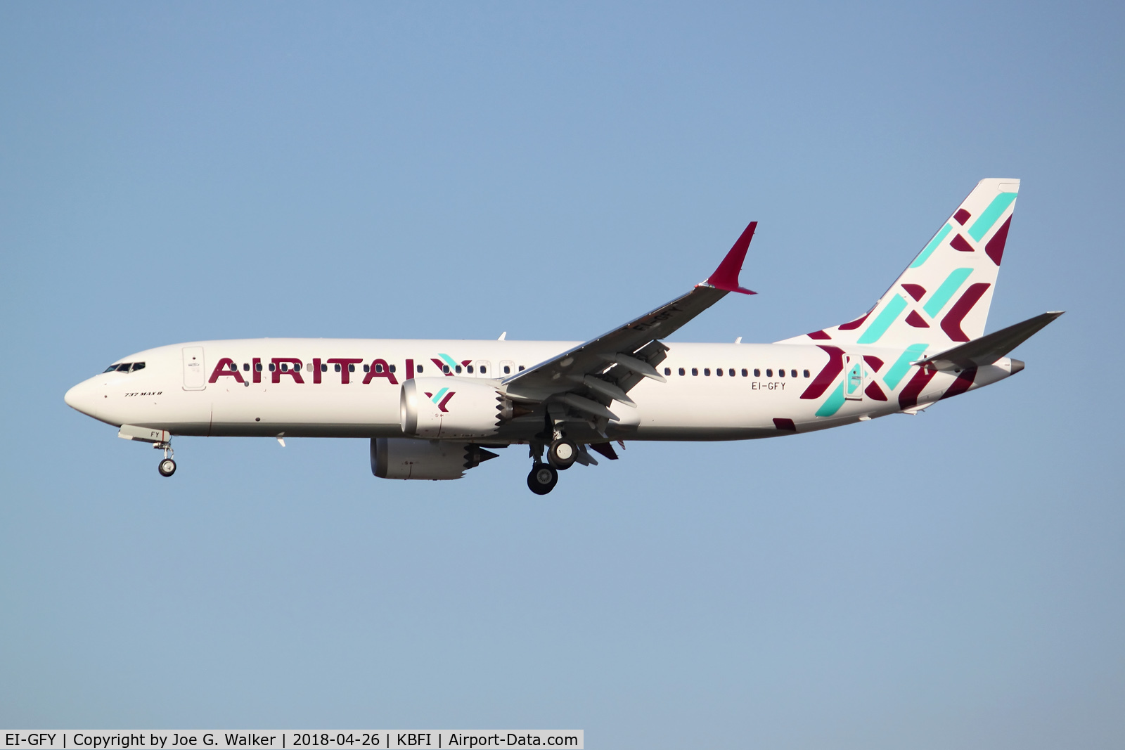 EI-GFY, 2018 Boeing 737-8 MAX C/N 64605, First 737MAX8 for Air Italy seen on short final to KBFI